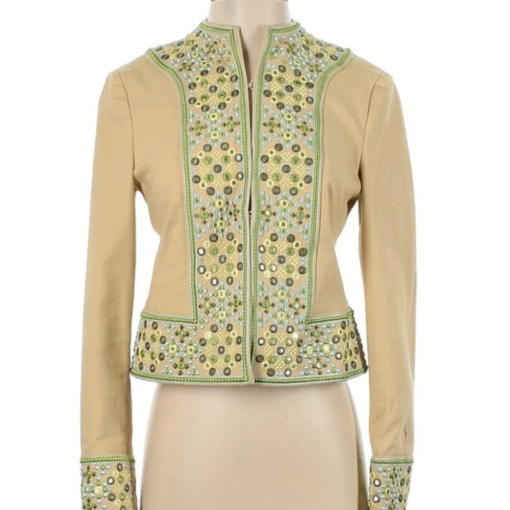 Tory Burch Embroidered Jacket with Metal Accents - Tan - Size 2